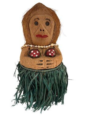 vintage Coconut Shell Hula Doll With Grass Skirt & Shell Necklace - 12" Tall